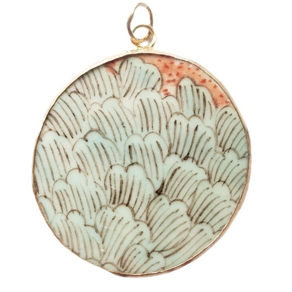 Vintage‎ Hand Painted Ceramic Pottery Shard Pendant Round Abstract Floral Petals
